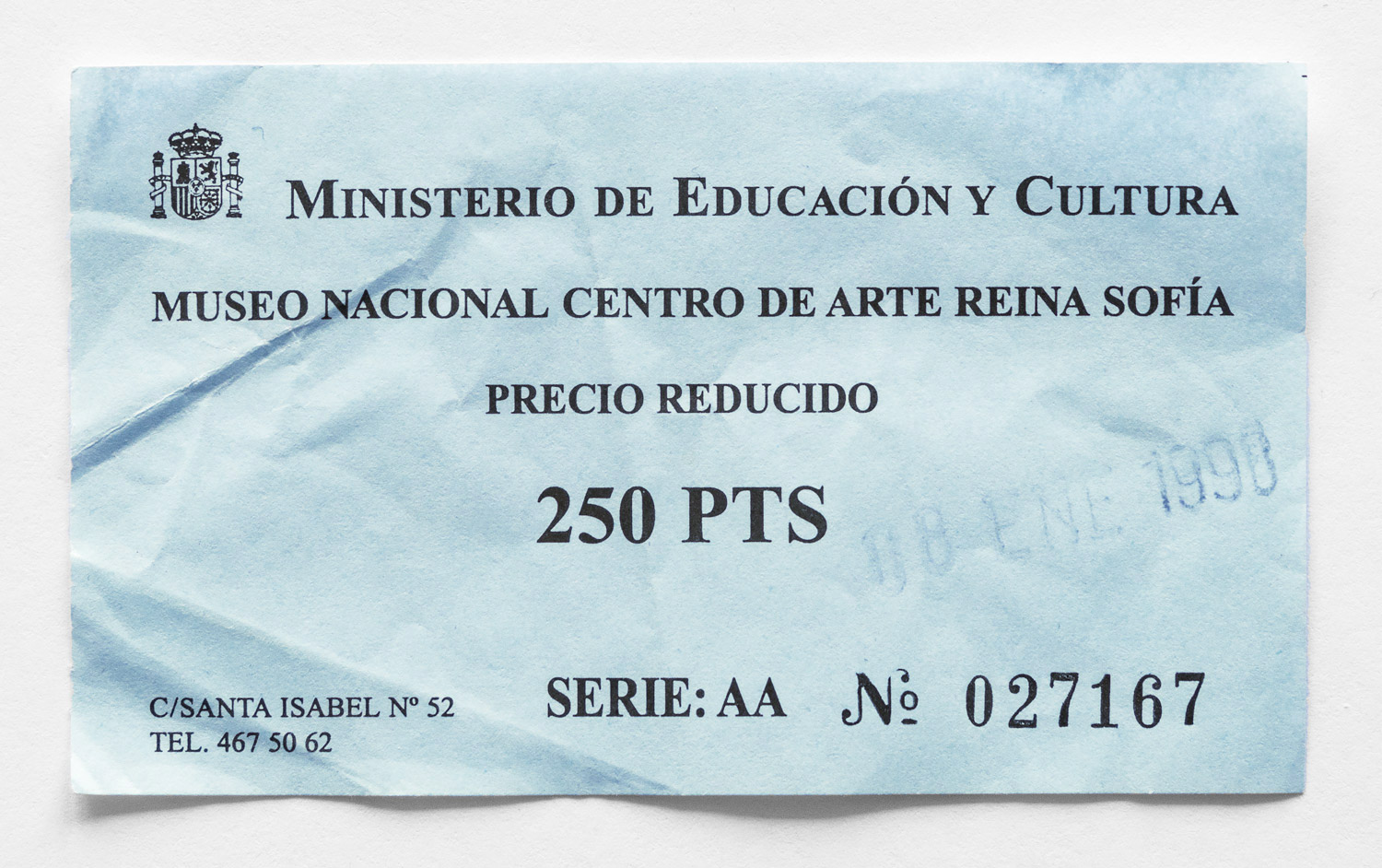Admission ticket for the "Museo Nacional Centro de Arte Reina Sofía" in Madrid, stamped "08 ENE 1998".